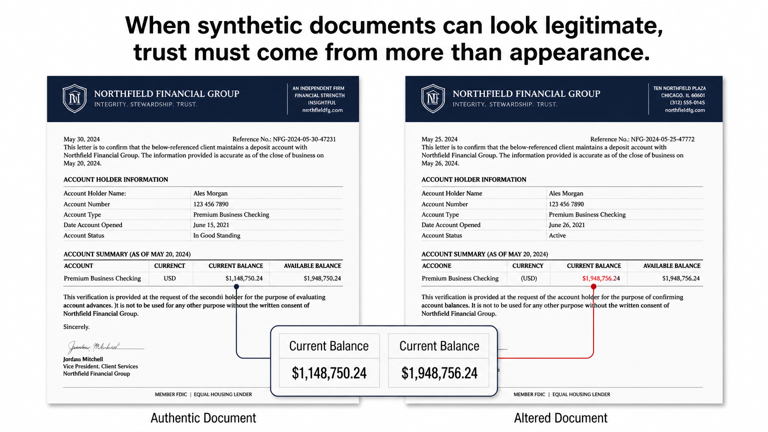 Illustrative comparison of an authentic document beside an altered document